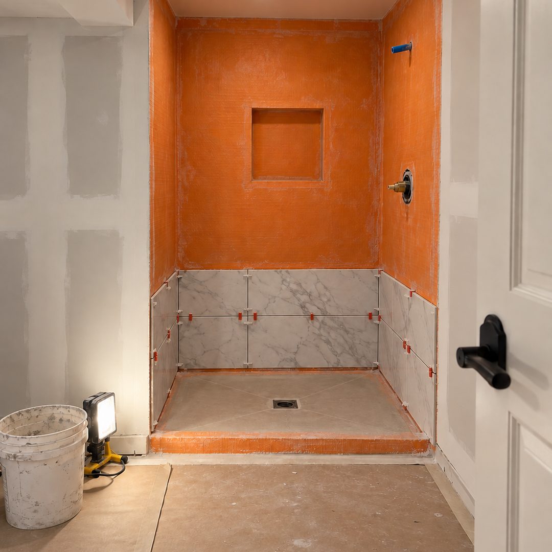 Illustration de l'étape pendant : la douche en construction, membrane d'étanchéité orange posée