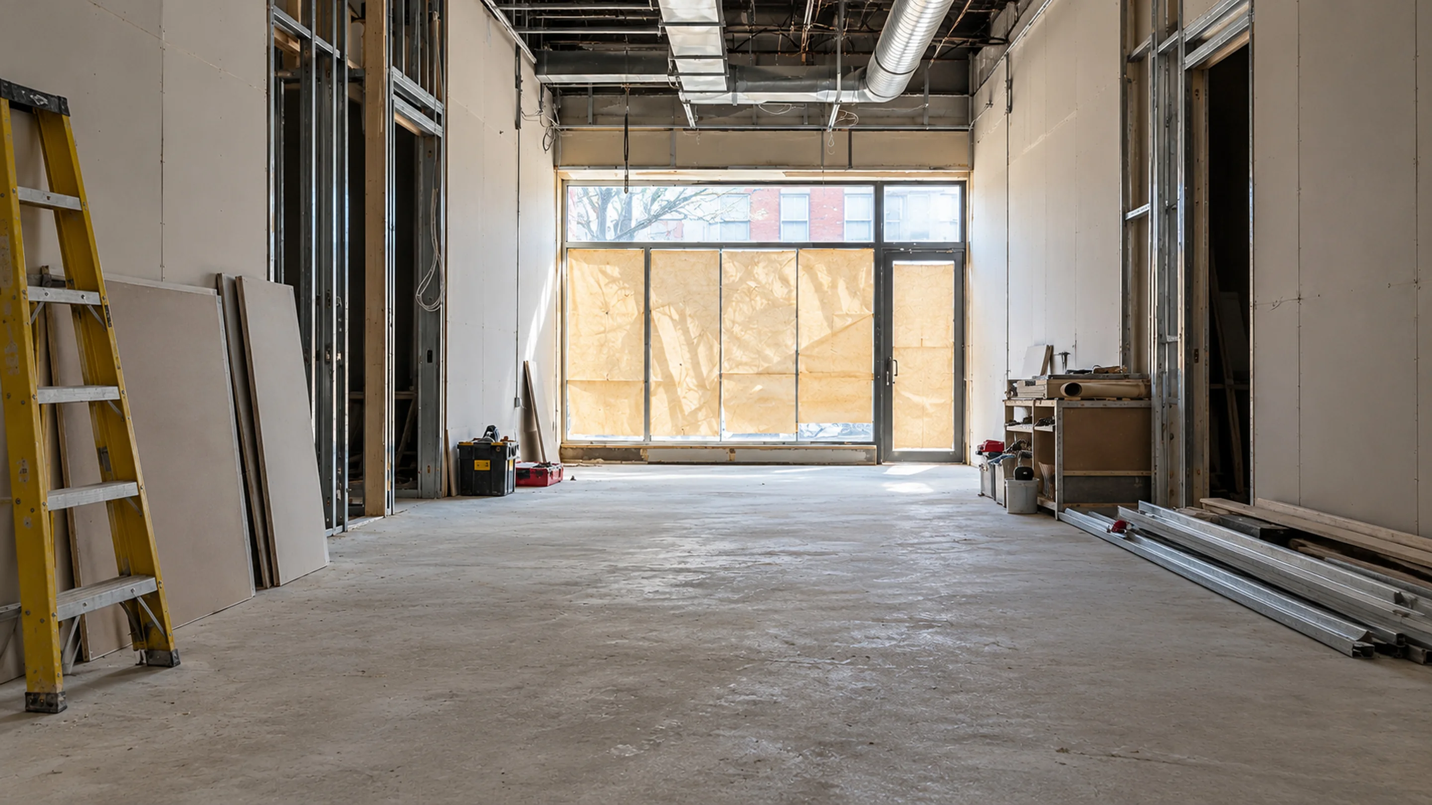 Illustration : local commercial en rénovation, plafond ouvert et murs en construction