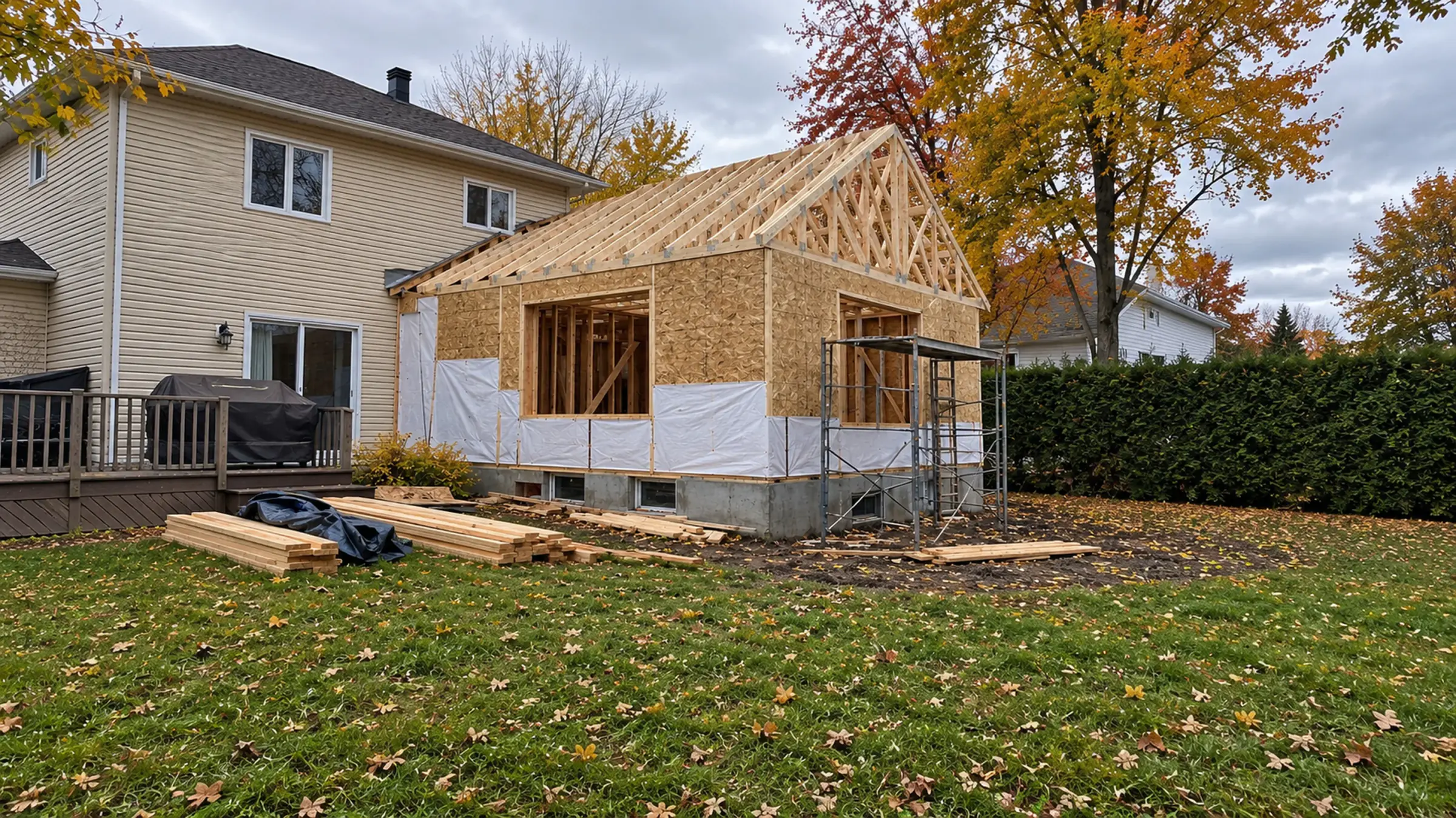 Illustration : agrandissement en construction à l'arrière d'une maison, charpente et revêtement intermédiaire posés