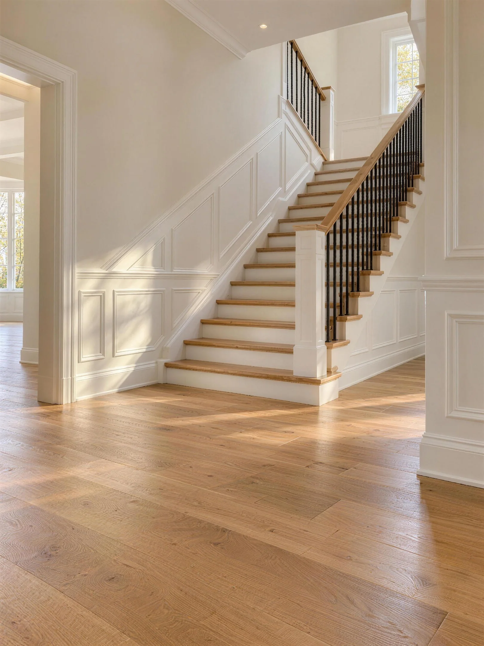 Illustration : entrée d'une maison rénovée, plancher de bois franc, escalier en bois avec barreaux noirs et murs à lambris