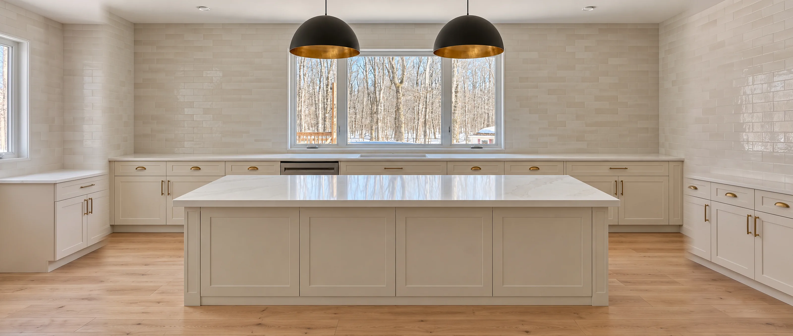 Illustration : cuisine aux armoires crème, grand îlot de quartz et deux luminaires noir et or devant une fenêtre sur la forêt