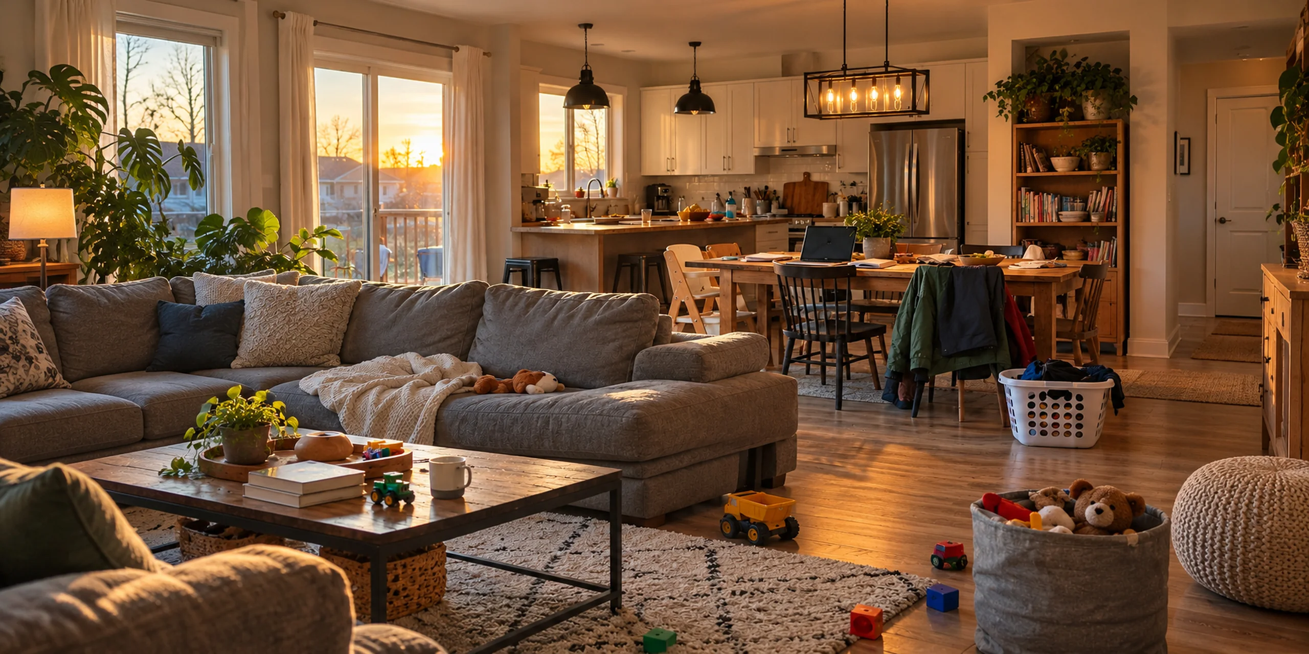 Illustration : salon et cuisine d'une famille, encombrés de jouets et de rangement